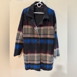 EUC Tonia Debellis Marissa; Royal Multi Striped Plaid Coat SZ L/XL